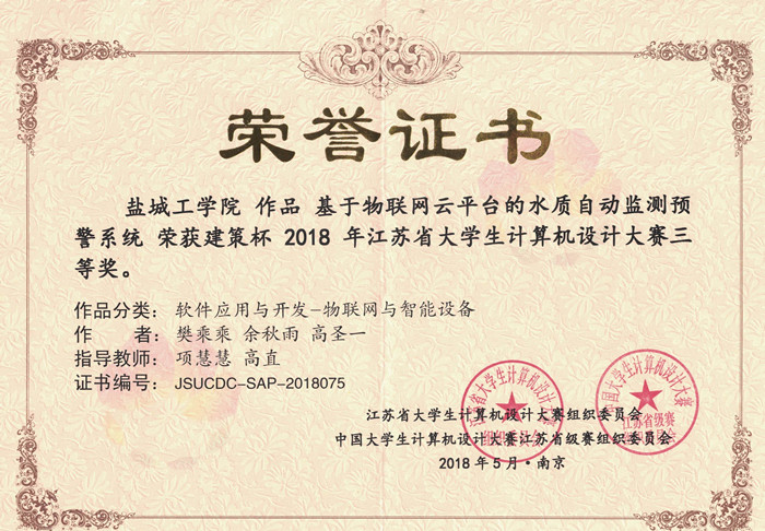 太阳成集团tyc7111cc沈新宇等同学获2018_年江苏省老员工计算机设计大赛二等奖